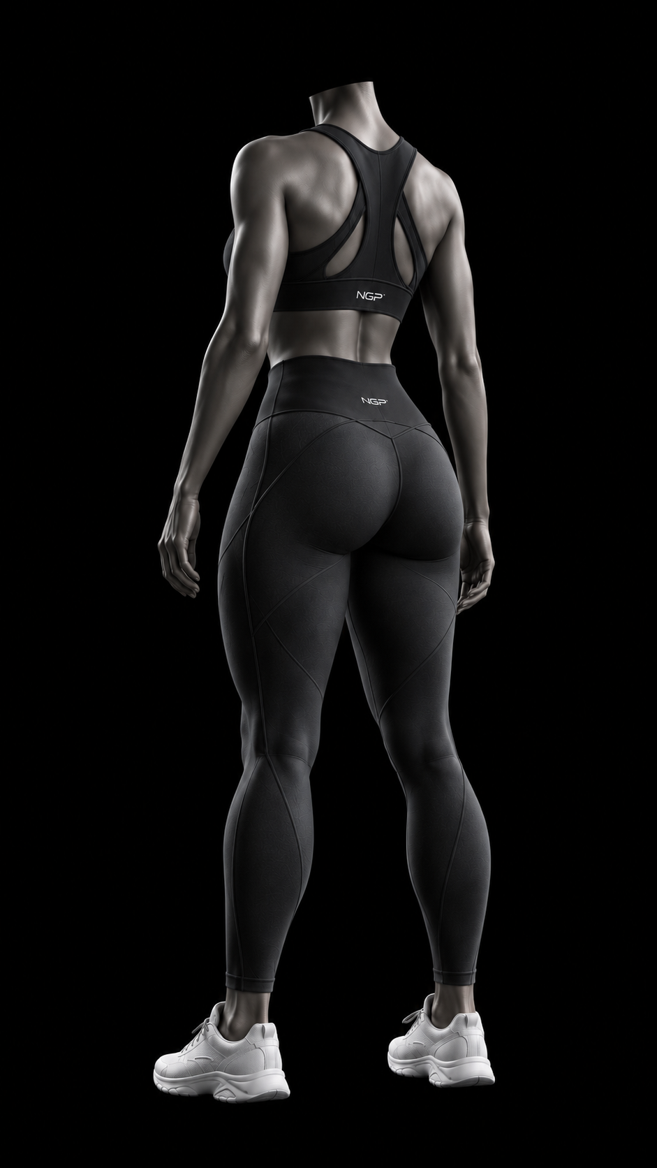 Rear perspective master render of the Women’s Hero Set on a mannequin against black.